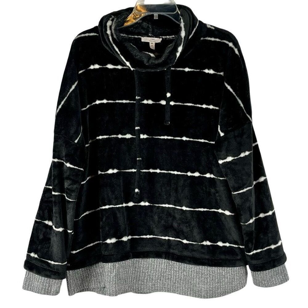 Como Vintage Black White Striped Drawstring Cowl Neck Sweatshirt XXL